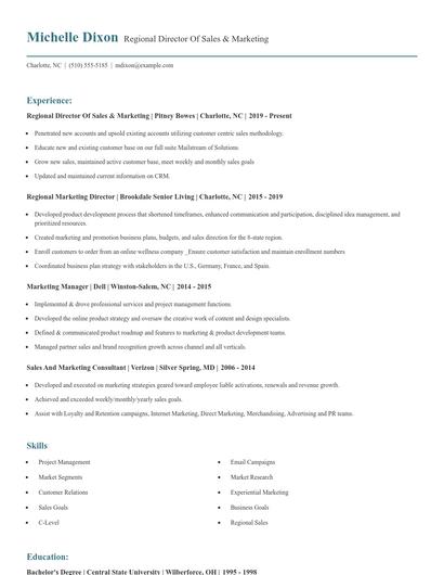 Regional Director Of Sales & Marketing Resume