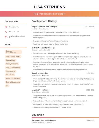 Regional Distribution Manager Resume
