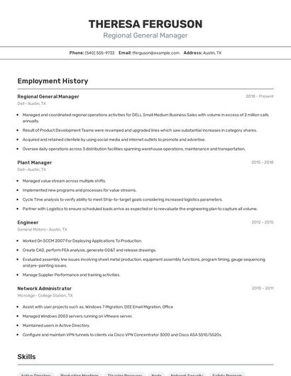 Regional General Manager Resume