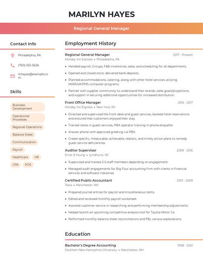 Regional General Manager Resume