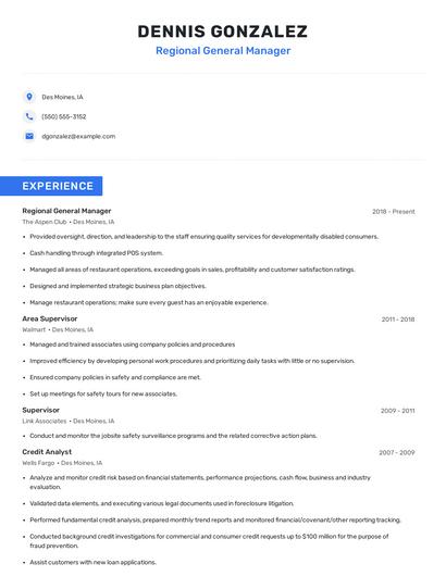 Regional General Manager Resume