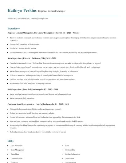 Regional General Manager Resume