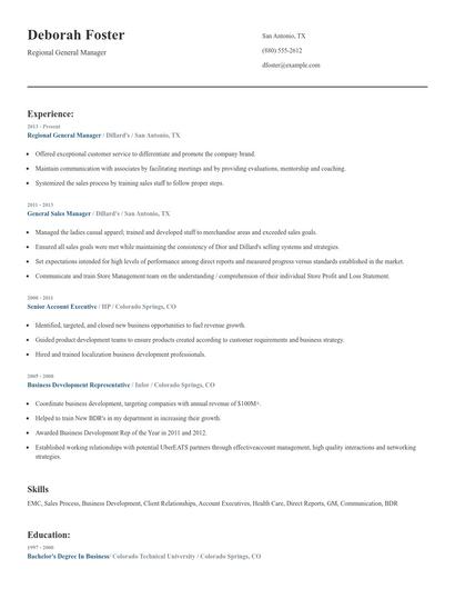 Regional General Manager Resume