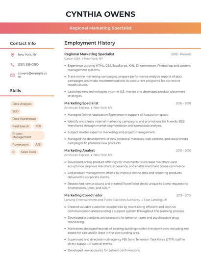 Regional Marketing Specialist Resume