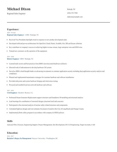 Regional Sales Engineer Resume