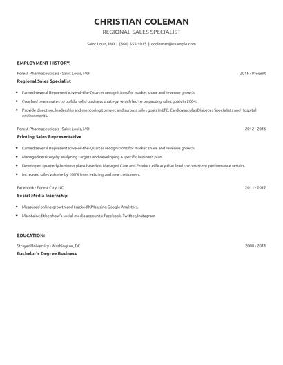 Regional Sales Specialist Resume