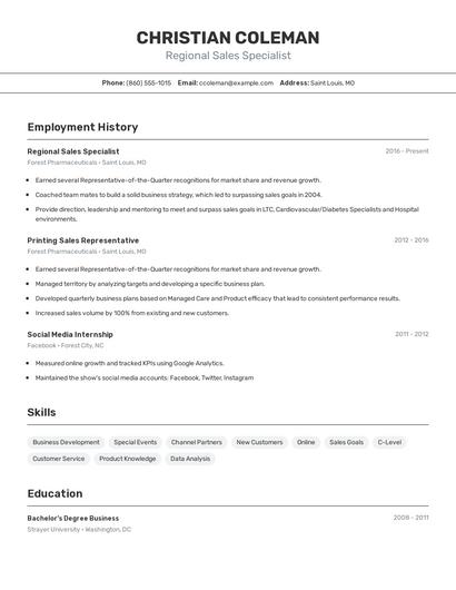 Regional Sales Specialist Resume