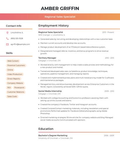 Regional Sales Specialist Resume