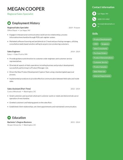 Regional Sales Specialist Resume