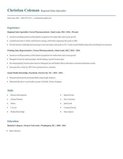 Regional Sales Specialist Resume