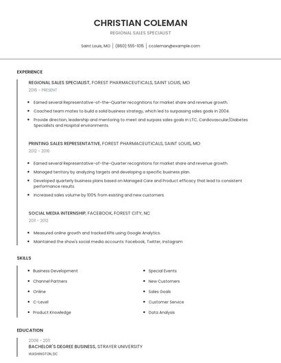 Regional Sales Specialist Resume
