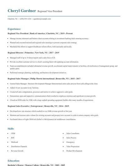 Regional Vice President Resume