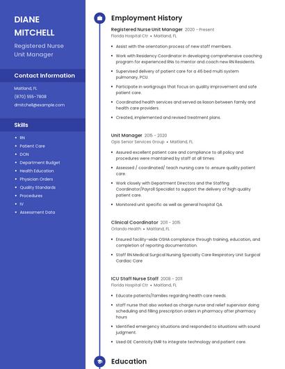 Registered Nurse Unit Manager Resume
