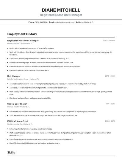 Registered Nurse Unit Manager Resume