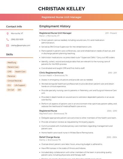 Registered Nurse Unit Manager Resume