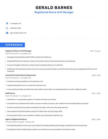 Registered Nurse Unit Manager Resume