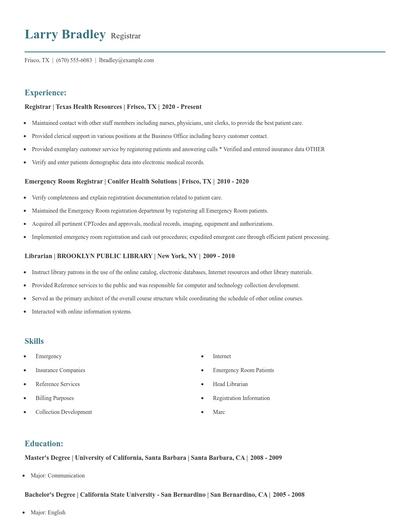 Registrar Resume