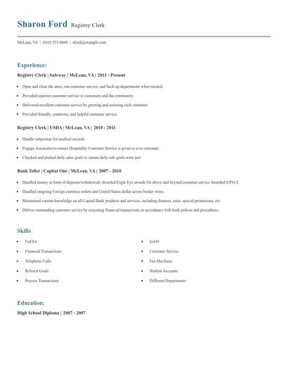 Registry Clerk Resume