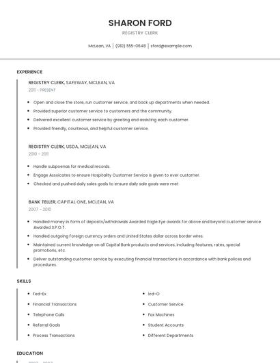 Registry Clerk Resume