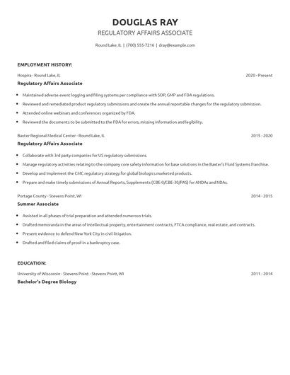 Regulatory Affairs Associate Resume