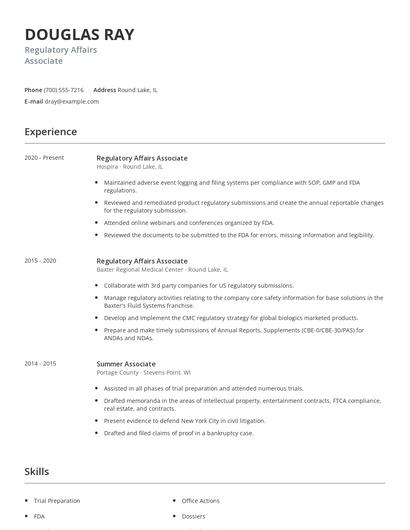 Regulatory Affairs Associate Resume