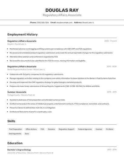 Regulatory Affairs Associate Resume
