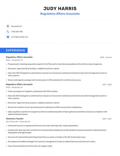 Regulatory Affairs Associate Resume