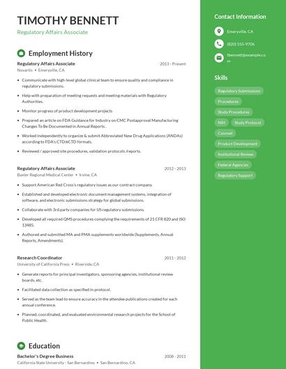 Regulatory Affairs Associate Resume