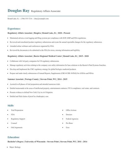 Regulatory Affairs Associate Resume