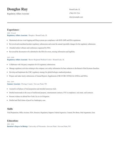 Regulatory Affairs Associate Resume