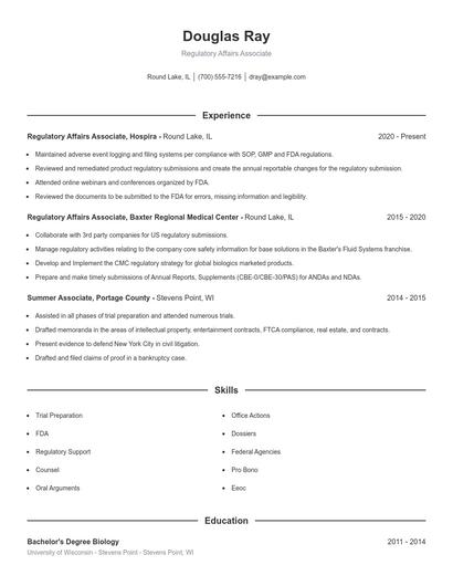 Regulatory Affairs Associate Resume