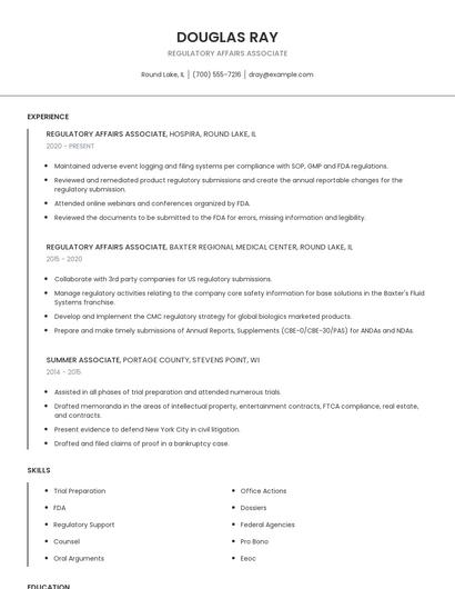 Regulatory Affairs Associate Resume