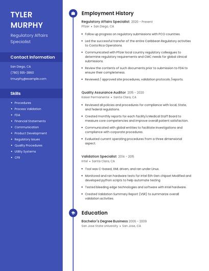 Regulatory Affairs Specialist Resume