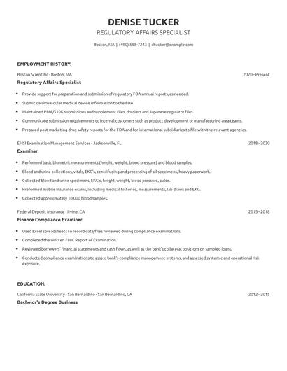 Regulatory Affairs Specialist Resume