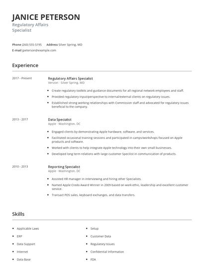 Regulatory Affairs Specialist Resume
