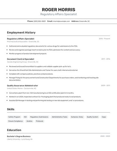 Regulatory Affairs Specialist Resume