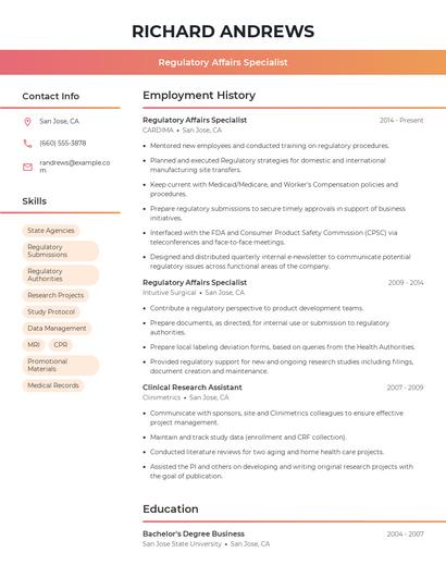 Regulatory Affairs Specialist Resume