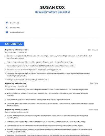 Regulatory Affairs Specialist Resume