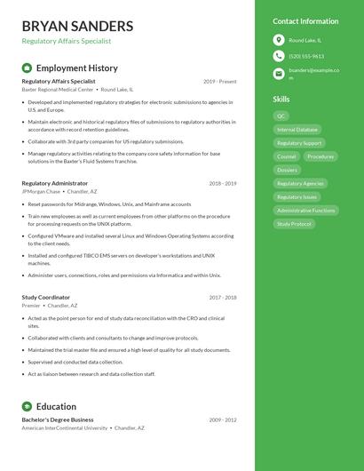 Regulatory Affairs Specialist Resume