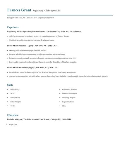 Regulatory Affairs Specialist Resume