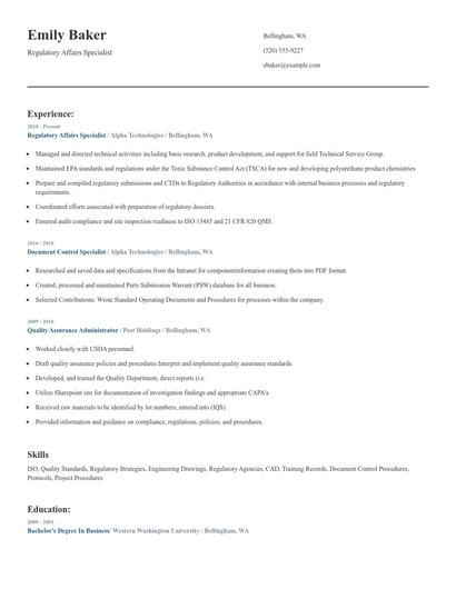 Regulatory Affairs Specialist Resume