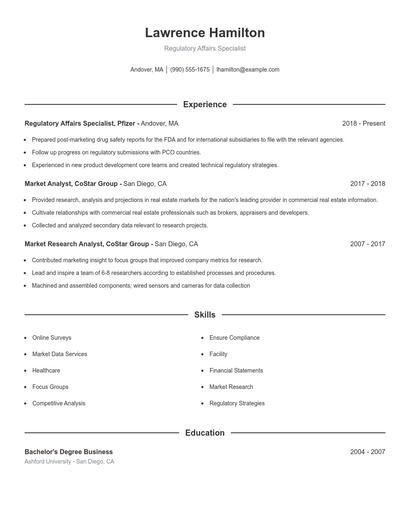 Regulatory Affairs Specialist Resume