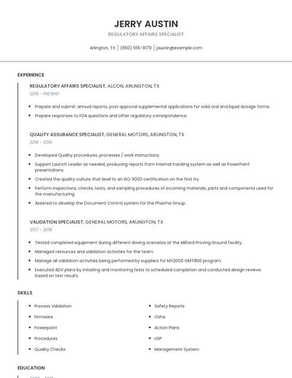 Regulatory Affairs Specialist Resume