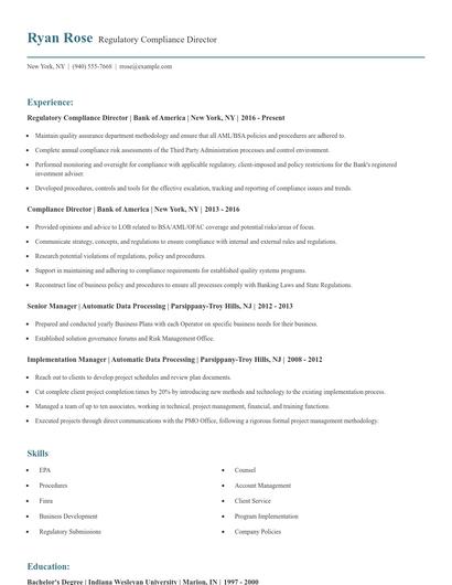 Regulatory Compliance Director Resume