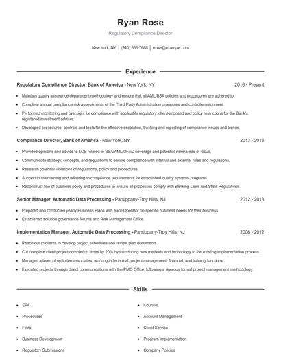 Regulatory Compliance Director Resume