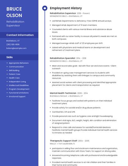 Rehabilitation Supervisor Resume
