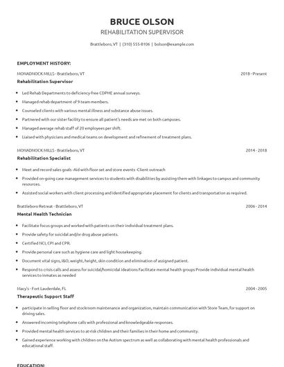 Rehabilitation Supervisor Resume