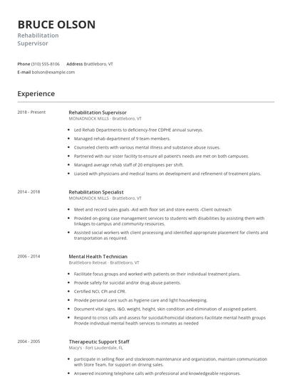 Rehabilitation Supervisor Resume