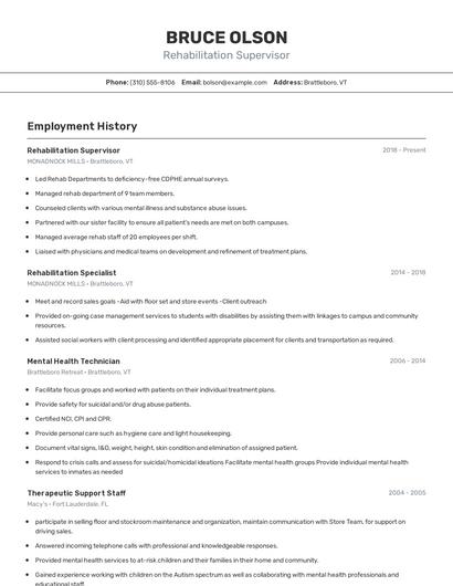 Rehabilitation Supervisor Resume