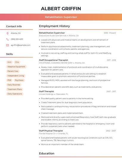 Rehabilitation Supervisor Resume